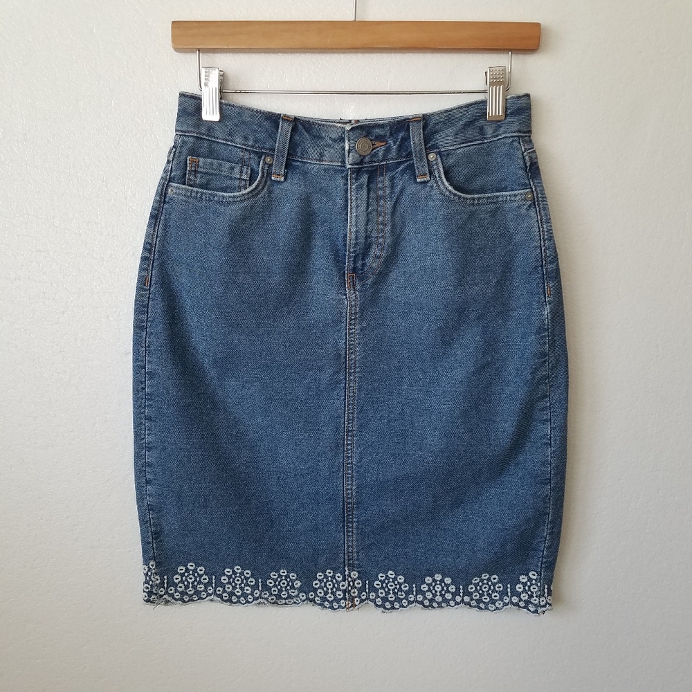 Tommy Hilfiger Womens 00 Denim Jean Pencil Skirt Eyelet Embroidery Trim Blue